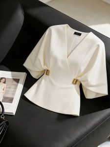 White Cross V-neck Slimming Short Sleeve Shirt