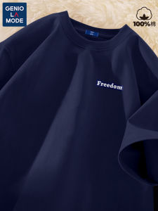 เสื้อยืดคอกลมแขนสั้นผ้าฝ้ายแท้ GenioLamode สำหรับผู้ชาย สีน้ำเงินเข้ม ทรงหลวม ทรงปกติ ฤดูร้อน 2025 เสื้อยืดคอกลมแบบลำลอง