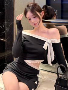 GUZILIAN | French Lace Splice Baring Waist Dress Womens Autumn Winter Skirt Color Collision Shoulder Butterfly Knot Wrap Short Skirt