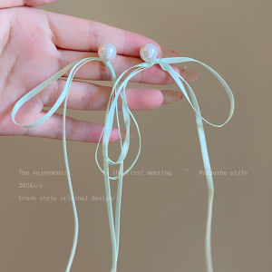Sweet Long Pearl Ribbon Drop Earrings for Girls Ballet Style Fairy Dust Butterfly Knot Design Fashionable Jewelry Accessories