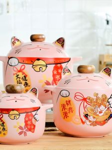 Lucky Cat Ceramic Pot Casserole for Making Soup Stew Soup For Home Gas Open Fire and High Temperature Resistance Instant Noodle Stew Pot Chinese Casseroles Large Small Size