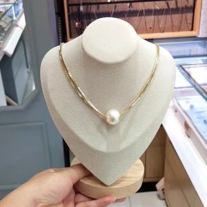 BESFOME Trendy 18K Gold Plated Stainless Steel Tarnish Free Women Daily Jewelry Double Layers Snake Bone Chain Pearl Choker Necklace ﻿