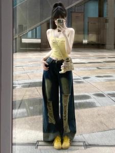 กางเกงยีนส์ทรงหลวมเอวสูงทรงขาบานสไตล์ย้อนยุคสำหรับผู้หญิง กางเกงขายาวทรงตรงทรงหลวมทรงหลวมสำหรับฤดูร้อน