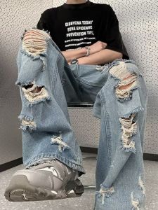 Cargo Pants Ripped Trendy Bootcut Trousers Distressed 2024 Mens Vintage Washed Straight-leg Loose Mop Pants