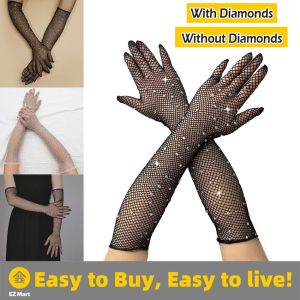 【Fast Shipping】 Women Nightclub Fishnet Long Gloves with Rhinestone Mesh Arm Sleeve Sparkly Glitter Fashion Opera Gloves Accessories ZMS-Fishnet-Gloves