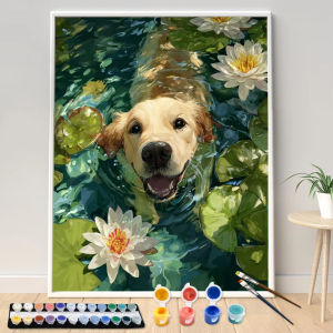 Oil Painting By Numbers Golden Retriever in Lotus Pond DIY Number Drawing Canvas Pictures By Numbers Home Decor Large Size
