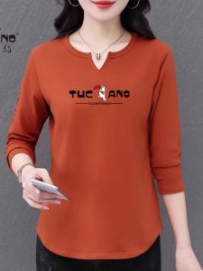 Fashionable Pure Cotton Long Sleeve T-Shirt Womens Base Layer Shirt Spring Autumn Casual V-neck Print Top Breathable Wear-resistant