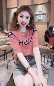 Fashionable European Style Color Block Letter round Neck Short Sleeve T Shirt Womens Slimming Shoulder Bared Elegant Top