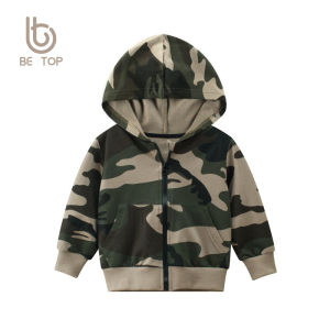 Lightweight Camouflage Zipper Shirt for Boys Outdoor Autumn Wear Baby Cotton Jacket Korean Style round Neck with Hat Childrens Fashion