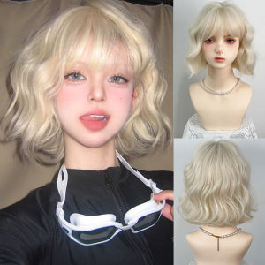 Lolita Synthetic Wig Short Curly Hair 12 Inches Sweet And Lovely White Gold Natural Fluffy Wool Volume Cosplay Full-Head Wig For