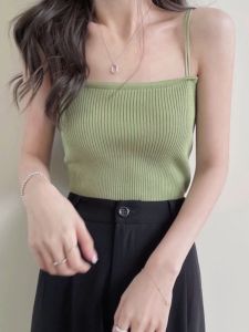 เสื้อกั๊กถักสีเขียวมะพร้าวพร้อมสายรัดสองข้างสำหรับผู้หญิง ทรงเข้ารูป สีเหลือง แขนกุด คอวี สีขาว สำหรับใส่ไปทำงาน