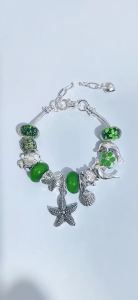 Green Crystal Ocean Style Charm Bracelet with Starfish Turtle Dolphin Shell Bead Antique Silver Adjustable Jewelry as Beach Gift