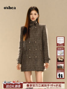 OShea British Style Retro Plaid Long Woolen Coat Womens New Autumn Double Breasted Stand Collar Coat Thickened Straight Tube