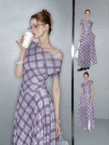 Unifree | Purple Plaid Sheer One-shoulder Slimming Dress
