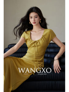 WANGXO | Đầm Lụa Sát Đàn Ánh 45 Độ Cắt Chéo Thu Gọn Dáng U Cổ Siết Eo
