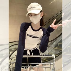 GanLai Women Long Sleeve T shirt Shoulder T T-shirt Womens Long Sleeve Autumn New Contrast Color Slim Fit Bottoming Shirt Short Inner Wear Tight Top Autumn