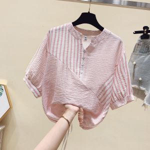 Brand Womens Short Sleeve Shirt Summer Clearance Sale Irregular Stripes Top Korean Style Straight Cut Mixed Fabric Commute
