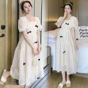 Maternity Dress Korean Style Plus Size Foreign-style High-end French Princess Style Square Collar Puff Sleeve Pregnant Dress Summer Bow Gauze French Fairy Maternity Dress for Pregnant