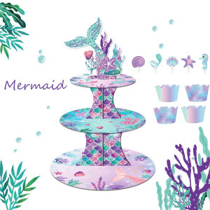 3 Layers Cartoon Mermaid Tail Theme Cake Stand Display DIY Cupcake Wrappers and Cake Topper Baby Shower Birthday Party Cake Tray