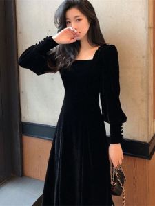 Autumn Winter Black Velvet Long Dress Hepburn Style Womens Gown High Waist A-Line Skirt Formal Evening Party Dress
