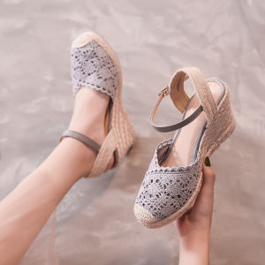 Woven Rope Lace Summer Travel Beach round Head Wedge Heel Womens Fashion Sandals Ethnic Roman Style Low Cut Slip-On Shoes