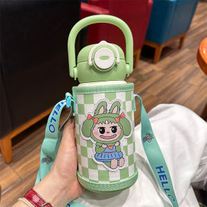 Childrens Portable Insulated Water Bottle Dual Drink Straw Cup Cute Anti-Fall Cup Holder Boys Girls School Specialty Green Tumbler
