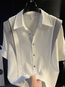 Summer Thin Casual White Short Sleeve Shirt Mens Design Sense Faux Two-Piece Flying Shoulder Five-Quarter Sleeve Shirt Jacket