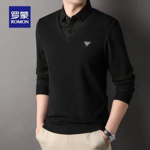 ROMON | Áo len dệt kim giả hai mảnh cho nam mùa thu đông mới về phong cách công sở thường ngày ấm áp cổ bẻ áo sơ mi