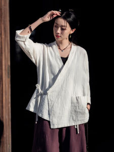 ชุดฮั่นฝูแบบประยุกต์สไตล์จีนแบบใหม่เสื้อป่านรามีชุดชงชาสไตล์เซนแนววินเทจสไตล์จีนแนวพุทธเสื้อคาร์ดิแกนผูกสายแบบเฉียงเสื้อคลุม