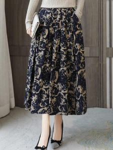 กระโปรงยาวเอวสูงลายดอกไม้ไซส์ใหญ่สำหรับผู้หญิง ฤดูใบไม้ผลิและฤดูร้อน กระโปรงทรงเอเข้ารูปสไตล์ย้อนยุค กระโปรงทรงเอเข้ารูป ชุดฮีเลียม