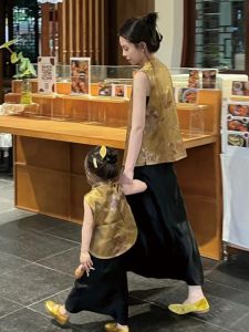 New Chinese Style Girls Cheongsam Vest Summer Fish Tail Skirt Childrens Stand Collar Renovated Version Acetate Casual Skirt