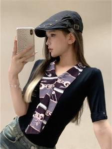 Black V-Neck Scarf Spliced Sleeveless T-Shirt Women Summer Chic Korean Style Retro Personality Design Slim Fit Top