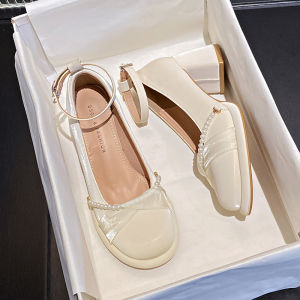 รองเท้าส้นสูง Mary Janes สำหรับผู้หญิง ฤดูใบไม้ผลิ 2025 รองเท้าส้นแบนแบบหัวเข็มขัดสไตล์ฝรั่งเศสย้อนยุค รองเท้าส้นหนาแบบอเนกประสงค์