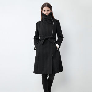 S·DEER | Winter Irregular Collar Waist Accent Dark Stripe Wool Overcoat