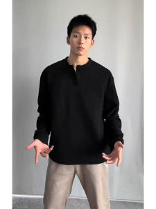 Black Henley Neck Long Sleeve T-Shirt for Men Spring Autumn American Style Drop Shoulder Casual Wear