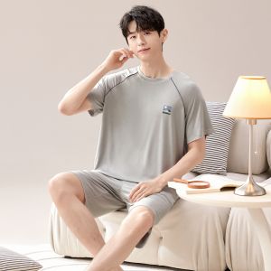 Catman Mens Sleepwear Set Summer 2024 New Modal Ice Silk Cool Large Size Breathable Home Clothes Short Sleeve round Neck