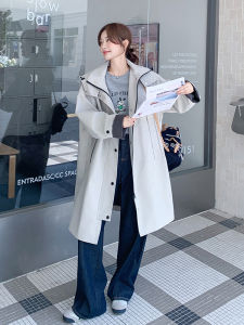Light Grey Oversized Casual Womens Coat Korean Style Loose Fit Mid-Length Hooded Jacket Spring Autumn Season Fashion Outerwear