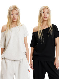 ชุดเสื้อยืดแขนสั้นคอวีทรงสลิมฟิตสำหรับฤดูใบไม้ผลิและฤดูร้อน ผ้าฝ้ายผสมโพลีเอสเตอร์ ทรงหลวม สไตล์วินเทจ แขนกุด คอกลม