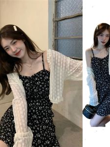 ชุดเดรสยาวผ้าชีฟองลายดอกไม้สีดำสไตล์ฝรั่งเศส ชุดสองชิ้นไซส์ใหญ่ ชุดเดรสผู้หญิงฤดูร้อน แขนยาว คอวี ทรงเข้ารูป