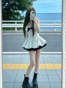 CHANGTONG | Dotted Waist-tied Flared Mini Dress for Petite Women