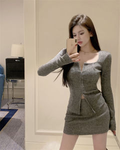 GUZILIAN | American Style Sweetheart Versatile Knitted Set Dress Womens Autumn Gentle Slim Fit Top High Waist Wrap Around Pants Two Piece Set