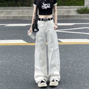 High Waist Wide Leg Straight Cut Jeans Womens Fashion Long Pants Retro Style Workwear Denim Trousers Fall Season Casual Pants