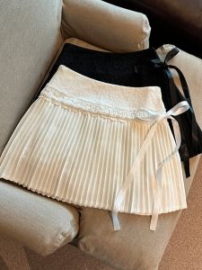 GUZILIAN | Sweet Lace Splice Butterfly Knot Mini Skirt Womens High Waist Anti-Light Pleated Spring Fashionable Half-length Skirts