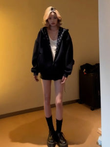 HUAYILING | Vintage Print Zippered Hoodie Women Short