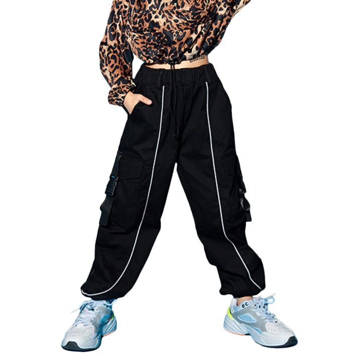 Rolanko Black Pants for Girls Hip Hop Street Jogger Cargo Trousers Dance  Costume Loose Style Sport Active Pants Casual Bottoms wite Reflective  Stripe