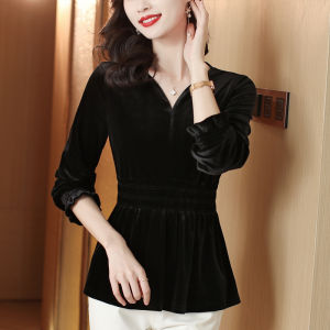 Womens Long Sleeve Velvet Base Shirt Waist Cinching Skirt Hem Top Korean Style Slim Fit V Neck Polyester Fiber Casual Shirt