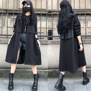 Black Asymmetrical Hem High Waist Zipper Coat Casual Style Womens Long Outerwear Fashionable Pleated Loose Fit Personality