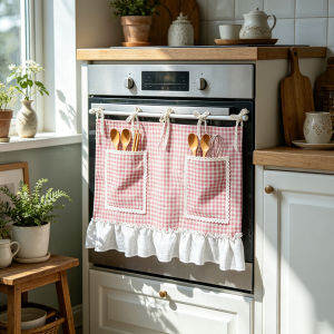 Vintage Plaid Oven Skirt Curtain with Pocket Valance Dust Proof Storage Half Window Drapes Tab Top for Dishwashers Kitchen Decor