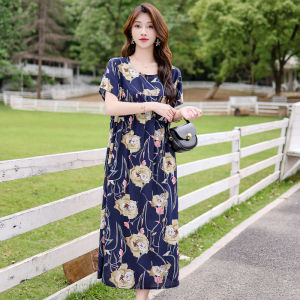Summer New Mid-aged and Elder Cotton Silk Long Dress Comfortable Casual Printed