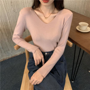 IELGY V-neck long-sleeved knitted womens inner slim fit bottoming top